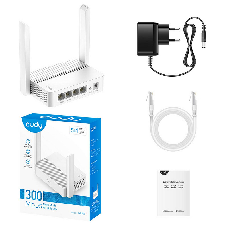 Wi-Fi Роутер Cudy WR300, N300 Wi-Fi Router, 802.11b/g/n,300Mbps, 2.4GHz, 4 ? 10/100Mbps Ports, 2 ?