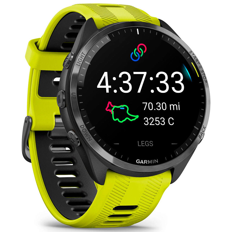 Спортивний годинник Garmin Forerunner 965 Carbon Gray DLC Titanium Bezel with Black Case and Amp Yellow/Black Silicone Band