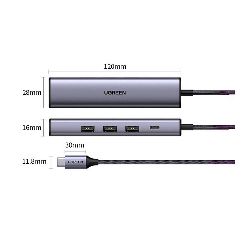 Хаб USB 3.0 Type-C -> 3xUSB 3.0 + RJ45 1000M CM475 Сірий UGREEN