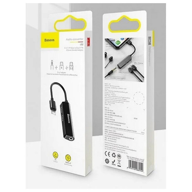 Адаптер Baseus L52 Lightning - Lightning + Lightning Audio + 3.5 мм (M/F+F+F), 0.1 м, чорний (CALL52