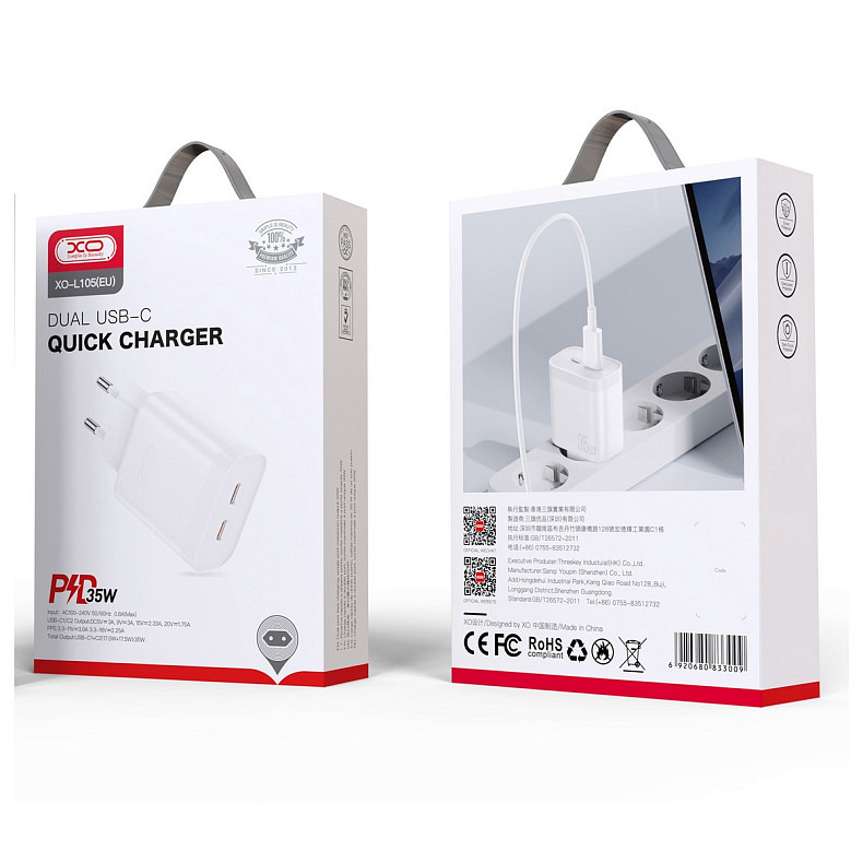 Сетевое зарядное устройство XO L105 (2USB-С, 3А) PD White (L105.white)