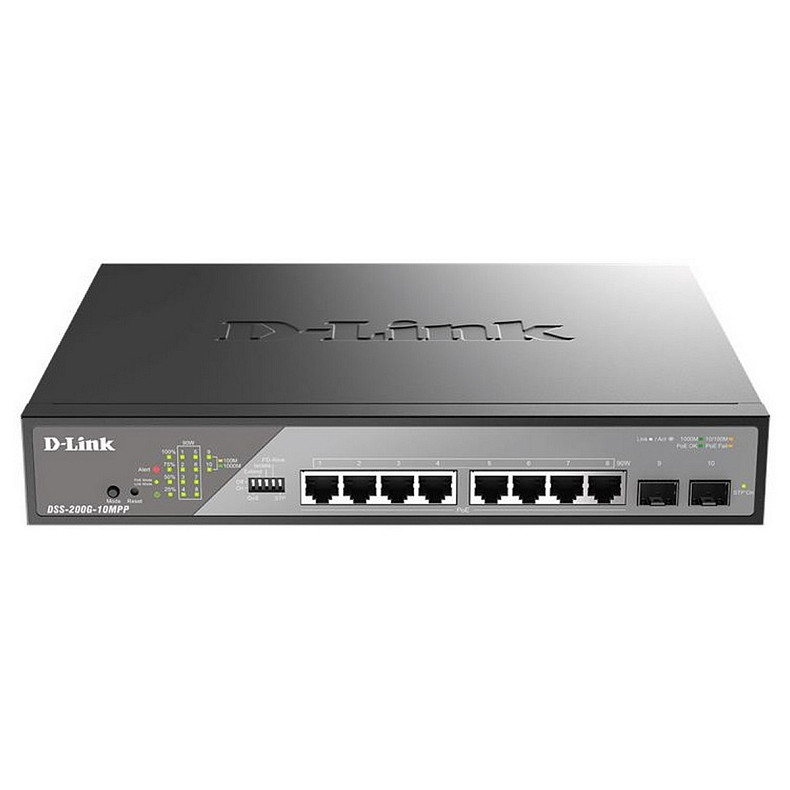 Коммутатор D-Link DSS-200G-10MPP 8xGE PoE, 2xSFP, 242Вт, Неуправляемый