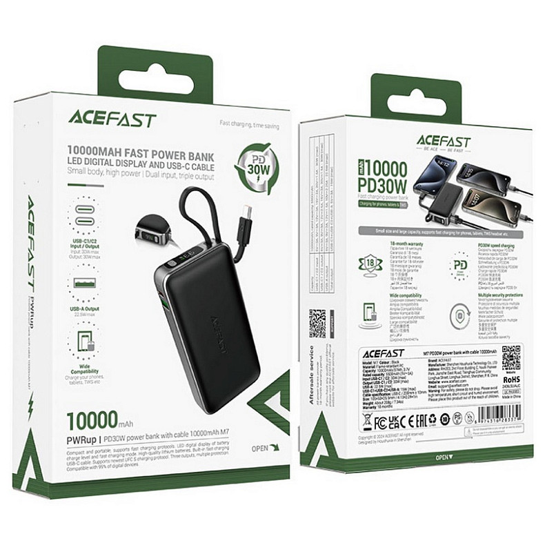 УМБ Acefast 10000mAh 30W PD USB-C witch cable, USB-A, Li-Pol, M7 Black