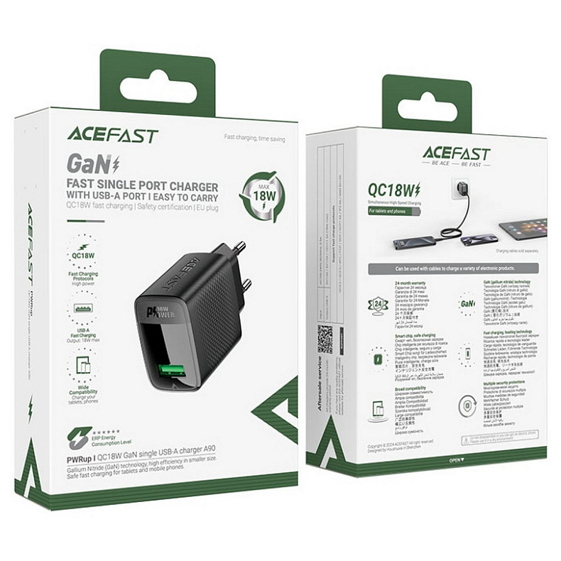 Зарядний пристрій USB-A 20W + Type-C cable A90 Fast Charger Black Acefast