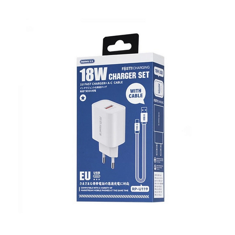 Зарядний пристрій Remax Kiddy Series 18W White (1USB 2.1 А) + кабель USB Type-C