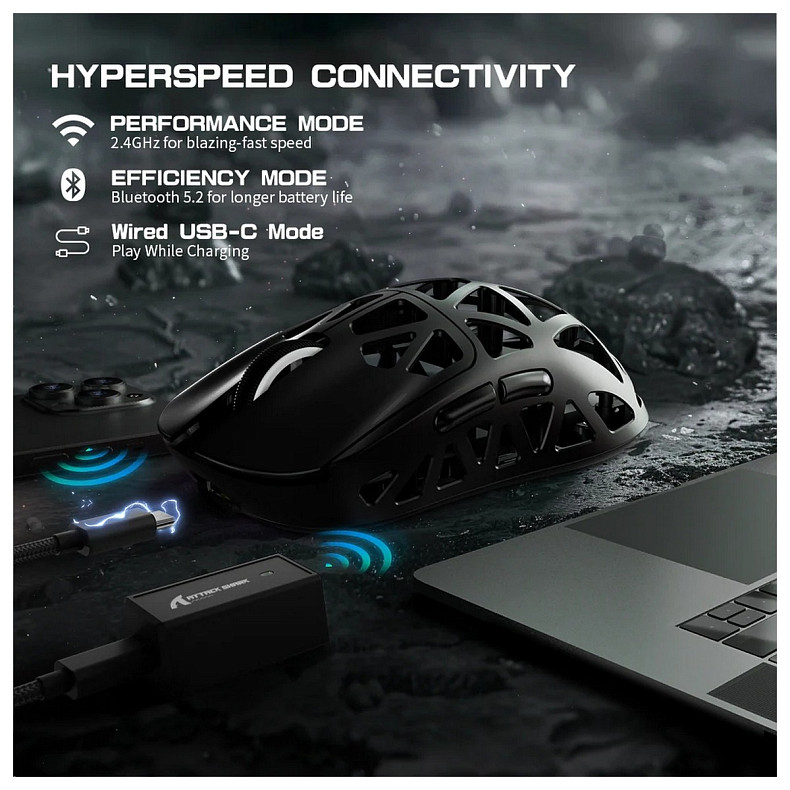Мишка Attack Shark R2, Wireless/Bluetooth, 42000dpi, (PAW3950), 6кн., Black