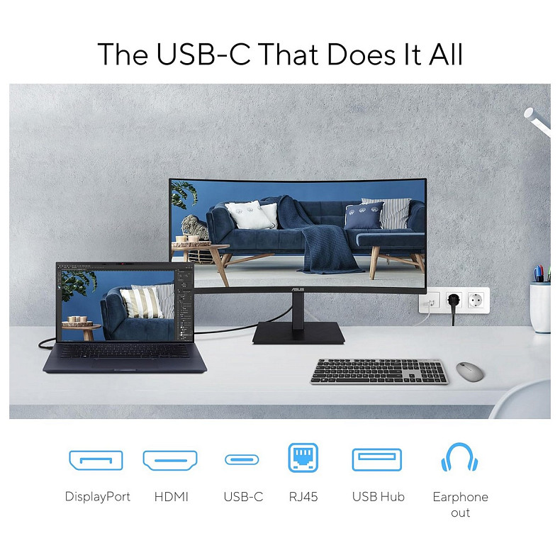Монітор Asus 34" VA34VCPSR HDMI, DP, USB-C, 3xUSB, RJ-45, MM, VA, 3440x1440, 21:9, 100Hz, 4ms