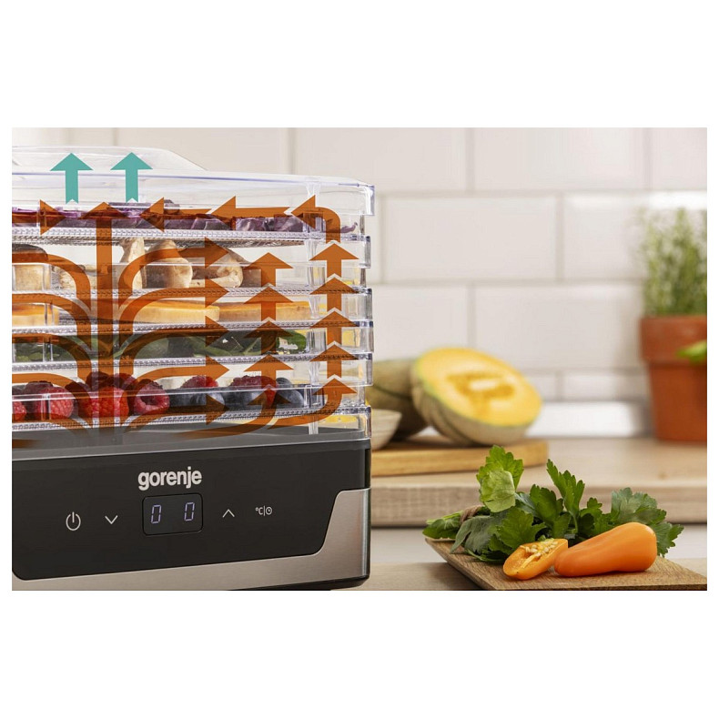Сушарка для продуктів Gorenje 230Вт, піддонів - 5x2.8см, діаметр - 29см, макс - 75°С, електр.упр,біл