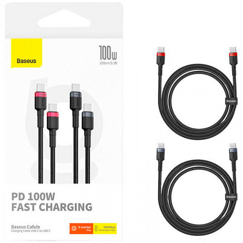 Кабель Baseus Cafule Charging Cable USB-C to USB-C 100W 1m 2pcs Red Black+Grey Black