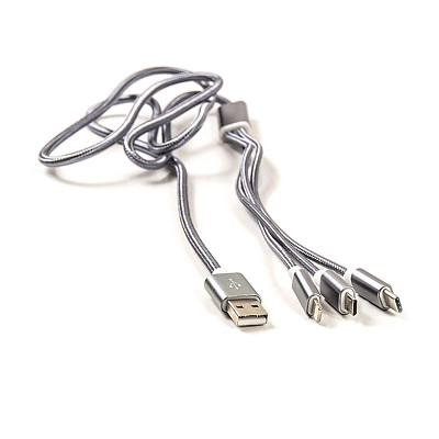 Кабель синхронізації PowerPlant 2.1A 3-в-1 USB2.0 AM/Apple Lightning/Micro-BM/Type-C 1.2m Silver (CA910663)