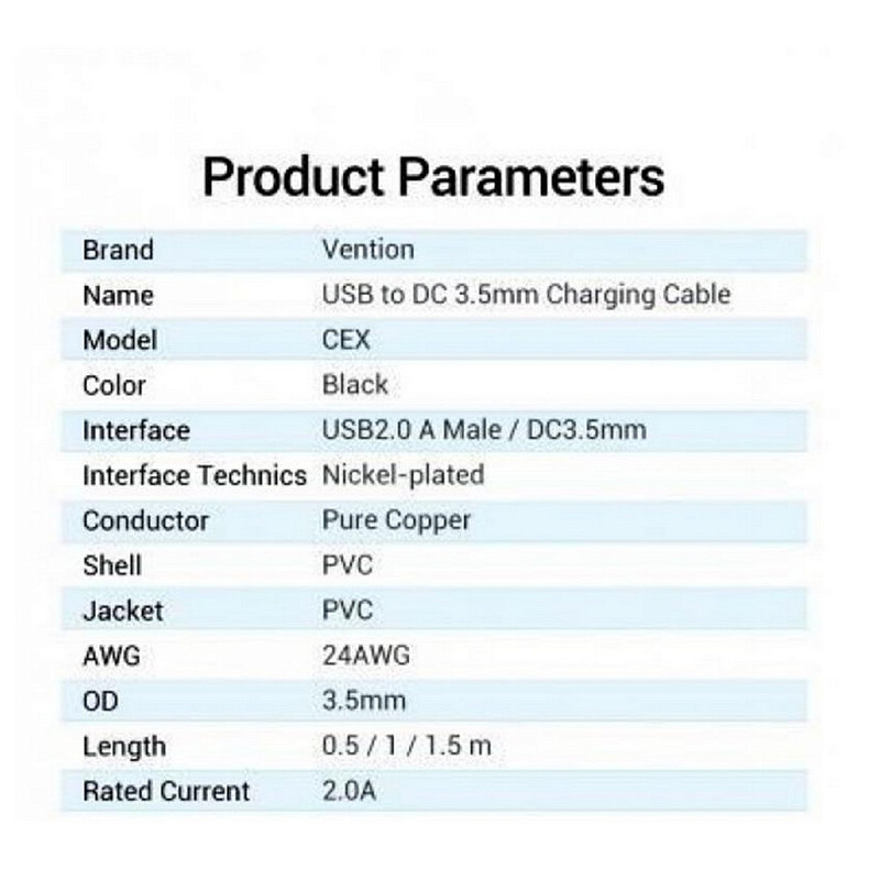 Кабель Vention USB - DC 3.5мм (M/M), 1.5м, Black (CEXBG)