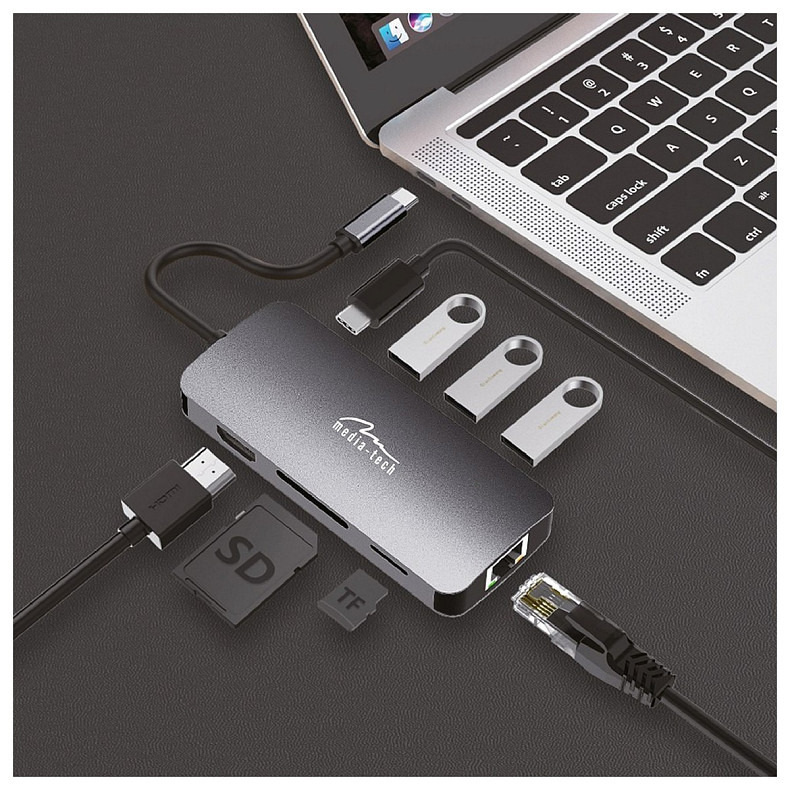 Док-станция USB3.1 Type-C --> HDMI/USB 3.0x3/RJ45/SD/MicroSD/PD 100W Hub Pro 8-in-1 Media-Tech