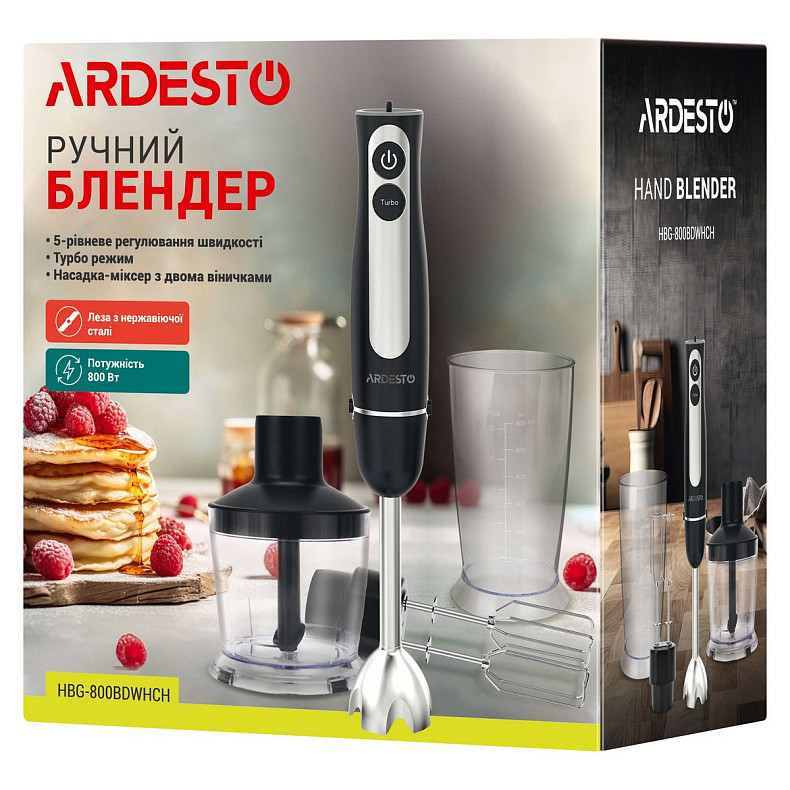 Блендер Ardesto занурювальний HBG-800BDWHCH, 800Вт, 3в1, чаша-600мл, чорно-сріблястий