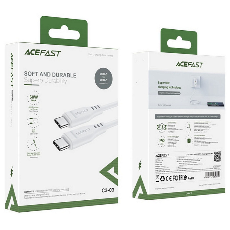 Кабель USB 2.0 USB-C to USB-C, 1,2 м, 3.0A, TPE C3-03 White Acefast