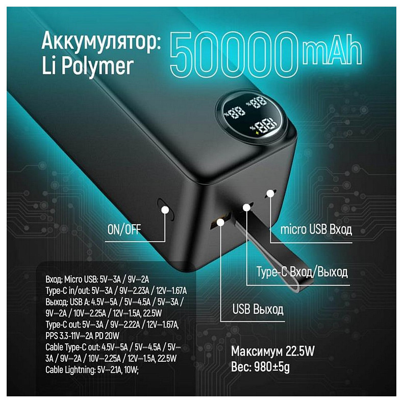 Універсальна мобільна батарея ColorWay LCD 50000mAh Black (CW-PB500LPA4BK-PDD)