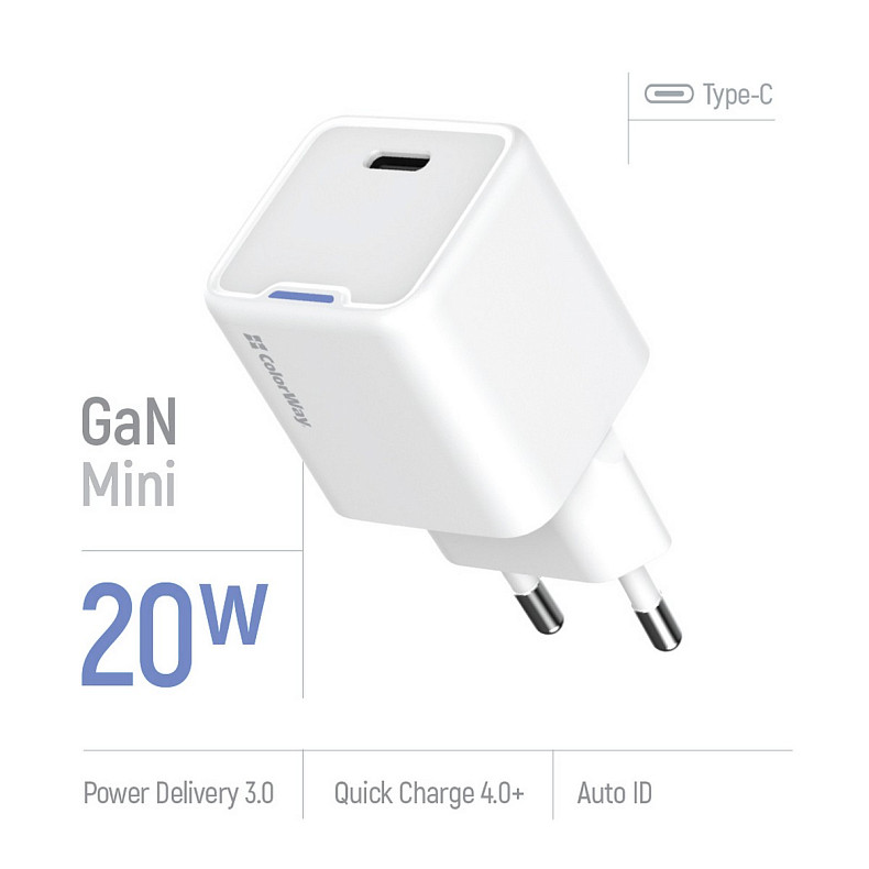 Сетевое зарядное устройство ColorWay GaN Mini 20W PD Port PPS USB-C White (CW-CHS059PD-WT)