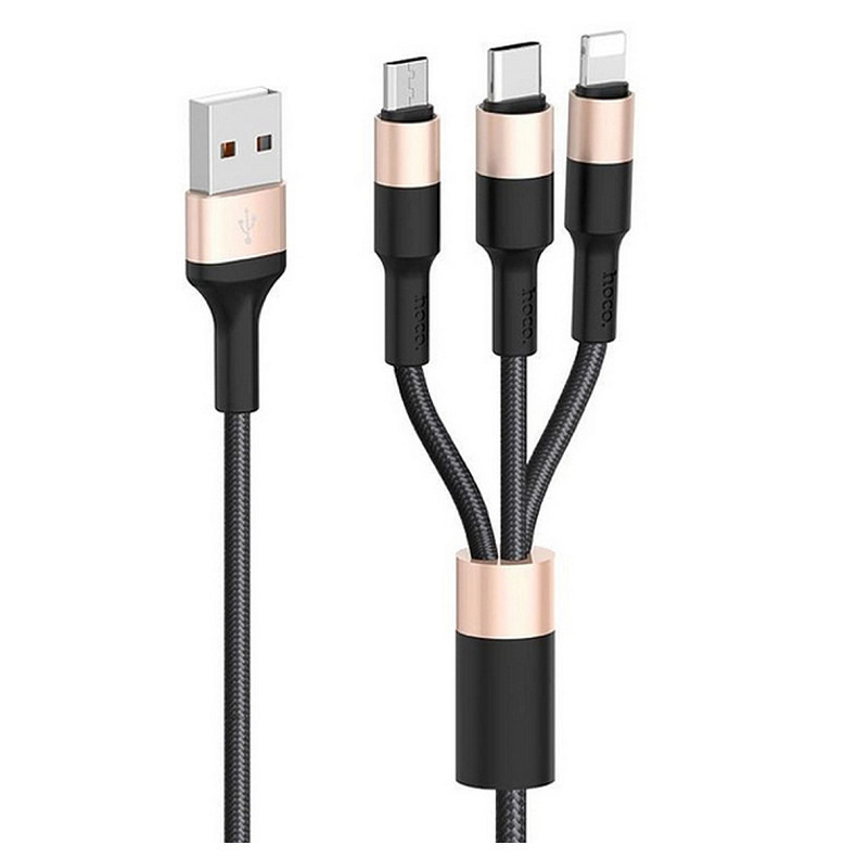Кабель Hoco X26 XPress Charging 3in1 USB - Lightning/micro USB/USB-C, 2A, 1м, Black/Gold (K18769)