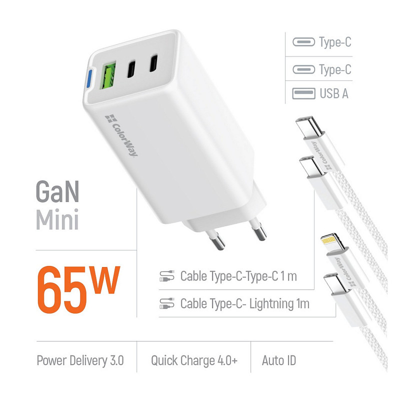Сетевое зарядное устройство ColorWay GaN Mini 65W PD Port PPS USB (USB-2C1A) White (CW-CHS058PDCL-WT