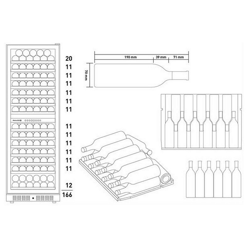 Винна шафа  Philco, 177х59.5х68, холод.відд.-418л, зон - 1, бут-166, диспл, підсвітка, чорн