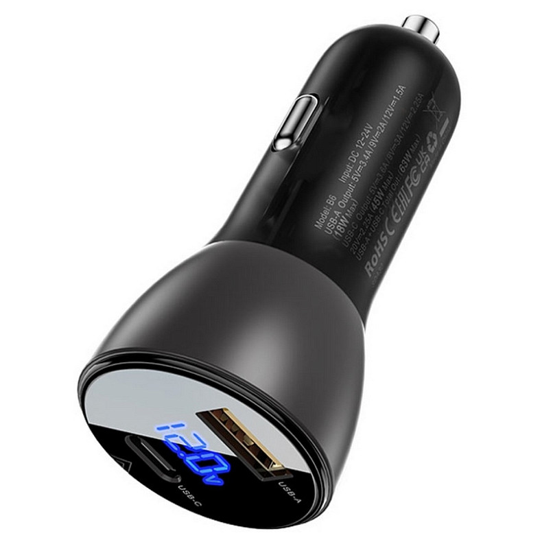 Автозарядка 2xUSB 63W (USB-C + USB-A) B6 with digital display Acefast