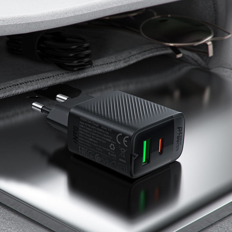 Зарядное устройство Acefast 2xUSB 20W (USB-C+USB-A) Gan A78 Black