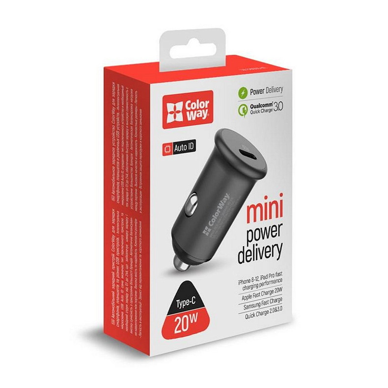 Автомобільний зарядний пристрій ColorWay (1USBx3A, 20W) Power Delivery Port Gray (CW-CHA028PD-GR)