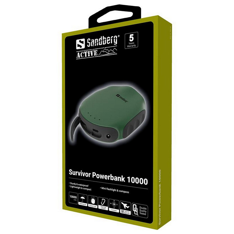 УМБ Sandberg Survivor 10000mAh, 2xUSB, IPX6, мини-компас и фонарик