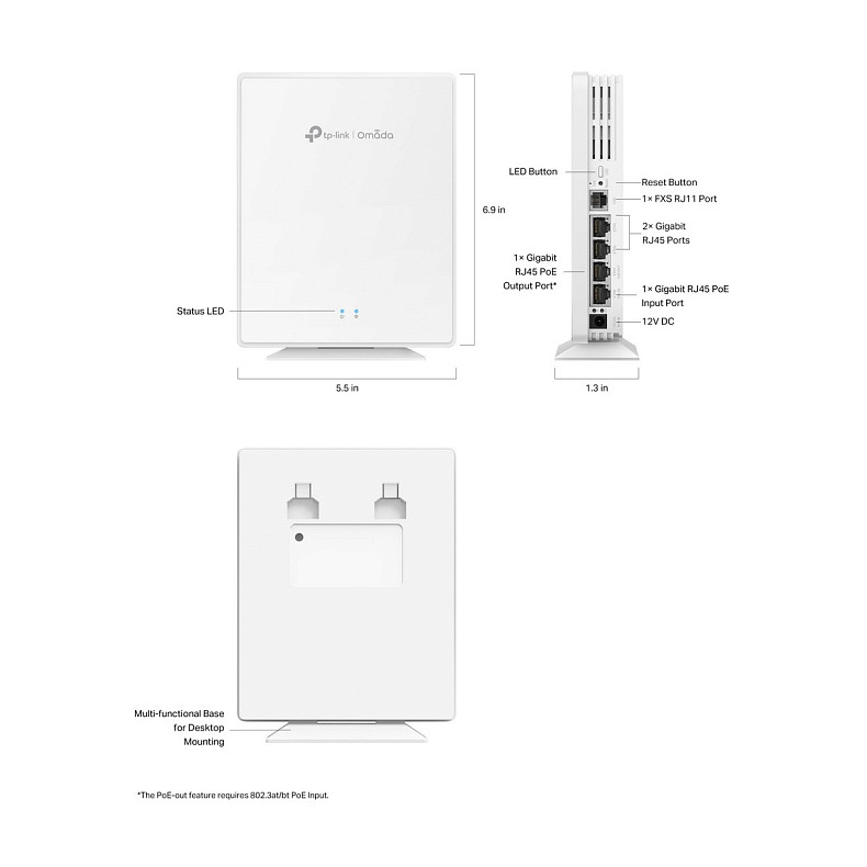 Точка доступа TP-LINK EAP650-Desktop AX3000, 4xGE LAN, 1, FXS-port, PoE, Passive PoE