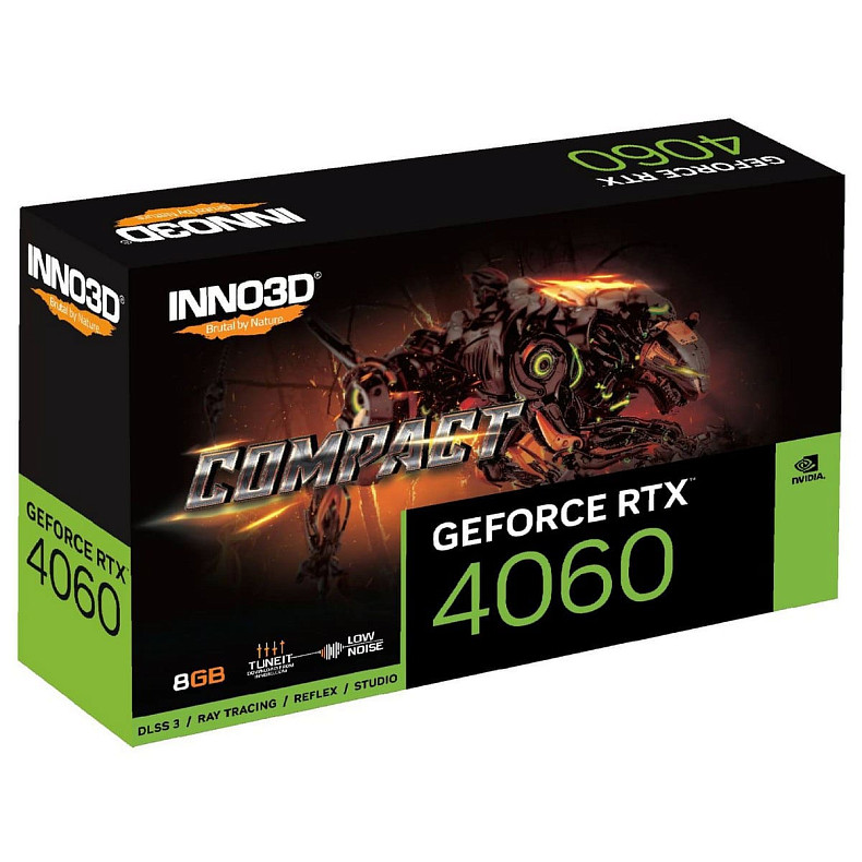 Відеокарта GeForce RTX4060 Inno3D Compact, 8GB GDDR6, 128bit, PCI Express 4.0 X8 (N40601-08D6-173050N)