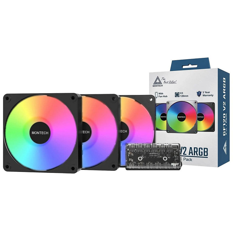 Набор из трех вентиляторов Montech GF120 V2 ARGB PWM 120MM 3 IN 1 (B)