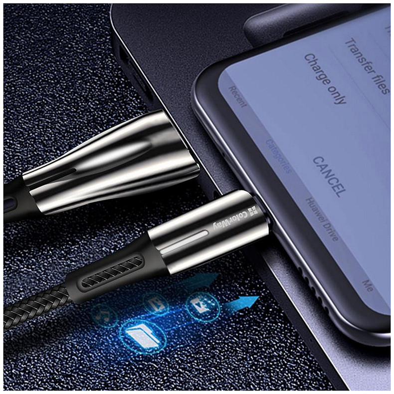 Кабель ColorWay USB-USB Type-C (zinc alloy + led), 2.4А, 1м, Black (CW-CBUC035-BK)