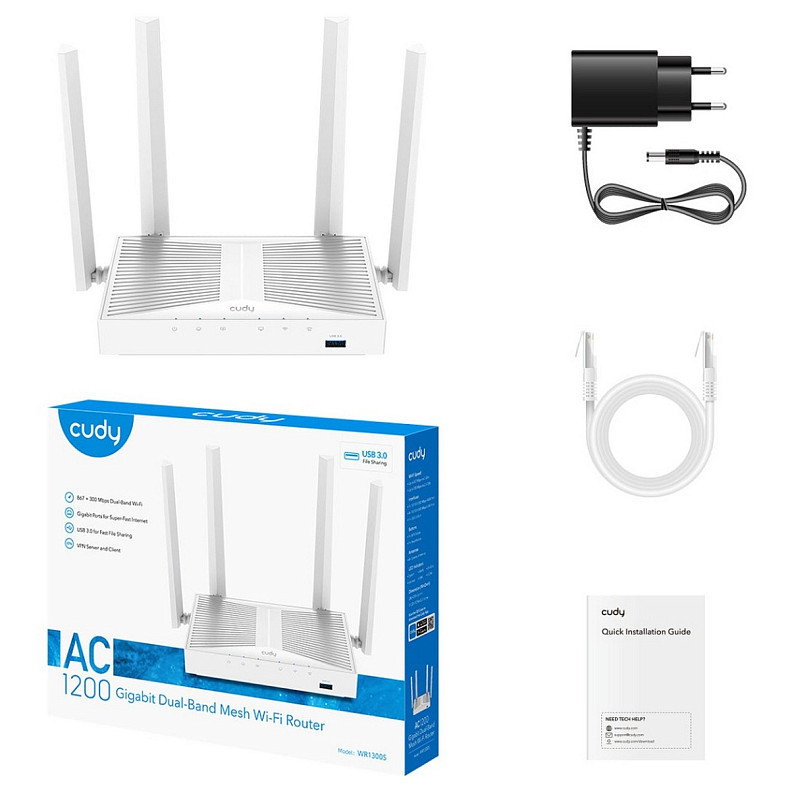 Wi-Fi Роутер Cudy WR1300S, AC1200 Gigabit Wi-Fi Mesh Router with USB
