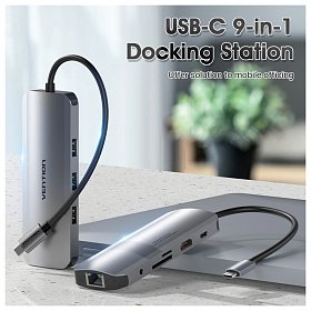 Док-станція USB3.1 Type-C --> HDMI/USB 3.0x3/RJ45/SD/TF/TRRS 3.5mm/PD 100W Hub 9-in-1 Vention