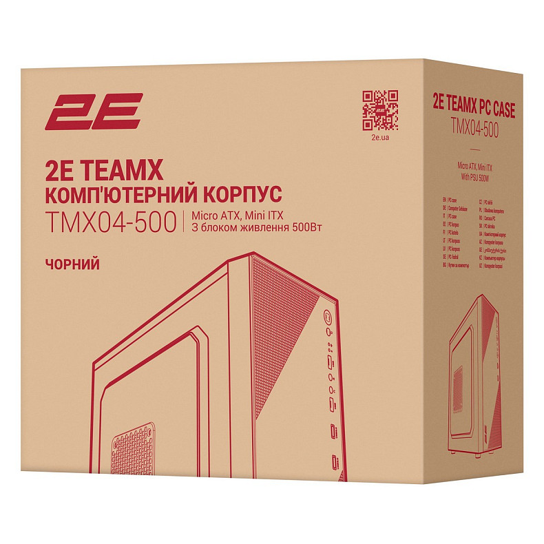 Корпус 2E TeamX TMX04, з БЖ 2E ATX500W, 2xUSB3.0, 1x80мм, VGA 220мм, mATX, чорний