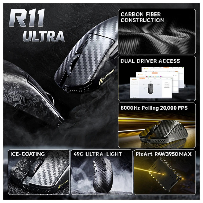 Мышка Attack Shark R11 Ultra, Wireless/Bluetooth, 42000dpi. (PAW3950MAX) 6кн., Phantom Shark