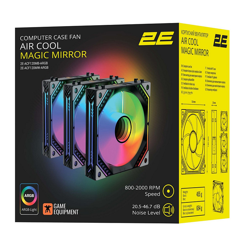Корпусный вентилятор 2E GAMING Air Cool Magic Mirror ACF120MB-ARGB, 3x120мм, 2000rpm, 4pin PWM +5VAR