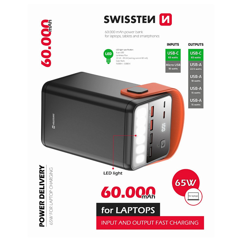 Универсальная мобильная батарея Swissten 60000mAh 65W Black (8595217481299)