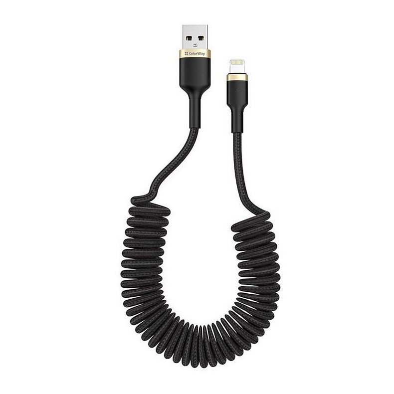 Кабель ColorWay USB-Lightning, spiral, 2.4А, 1м, Black (CW-CBUL051-BK)