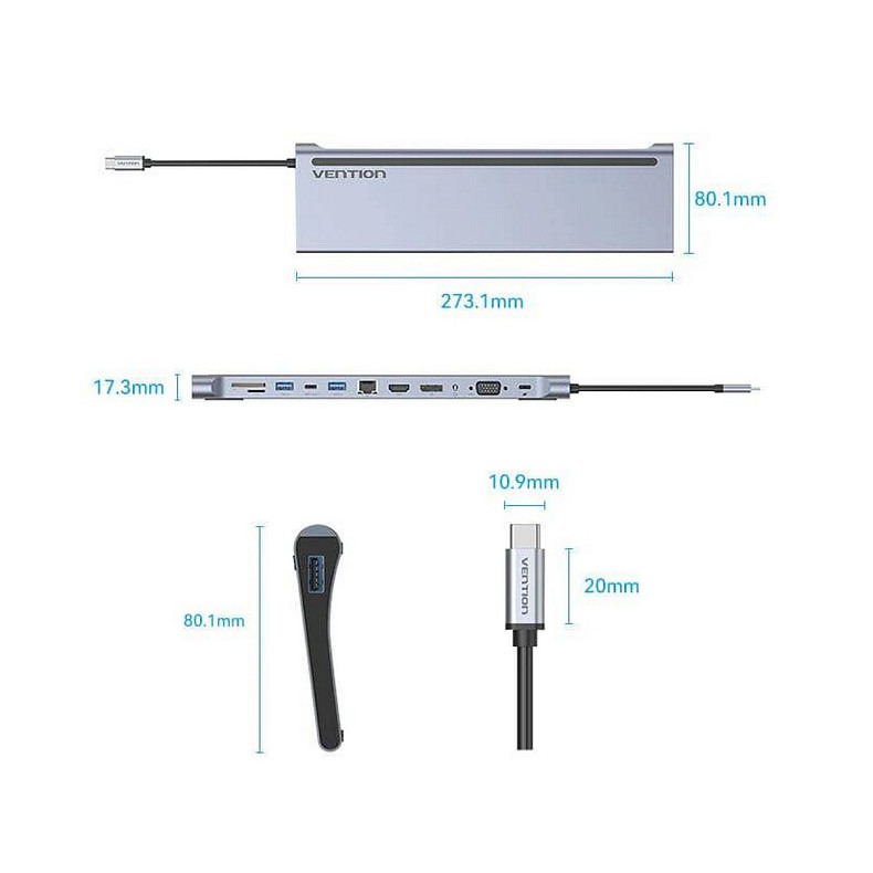 Док-станция USB3.1 Type-C --> DP/HDMI/VGA/USB3.0x3/RJ45/SD/TF/TRRS 3.5mm/PD 100W Vention 12in1