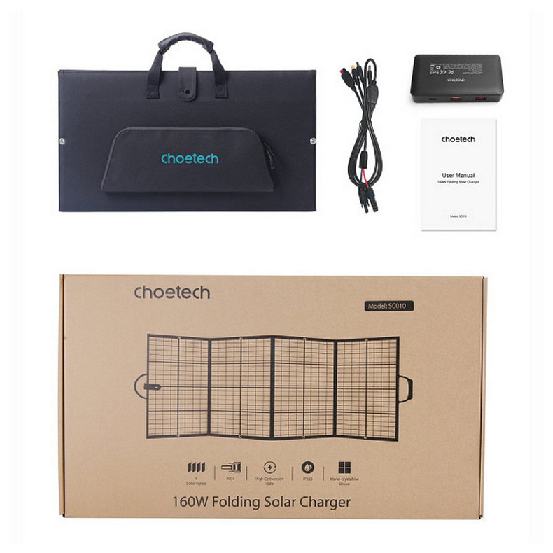 Солнечная панель Choetech 160W (196x54см) DC160W, 1*USB QC3.0 18W,1*USB-C PD3.0 45W, 1xUSBA 12W