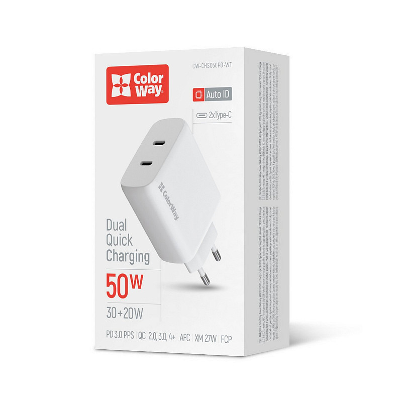 Сетевое зарядное устройство ColorWay GaN Mini 50W PD Port PPS USB (Type-C PD 30W + Type-C PD 20W) Wh