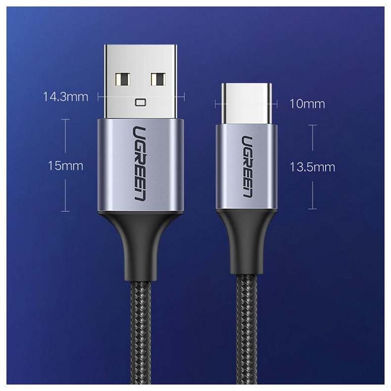 Кабель USB 2.0 AM-Type-C M, 3 м, 3.0A, (18W) Nickel Plating Aluminum Braid Косм сірий, US288 UGREEN