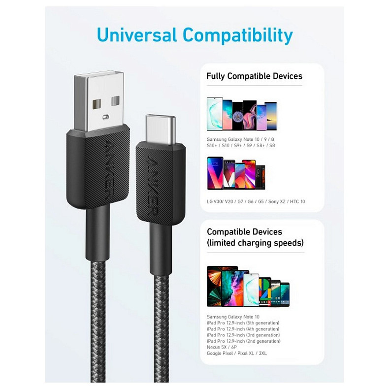 Кабель ANKER 322 USB-A to USB-C - 0.9m Nylon (Чорний)