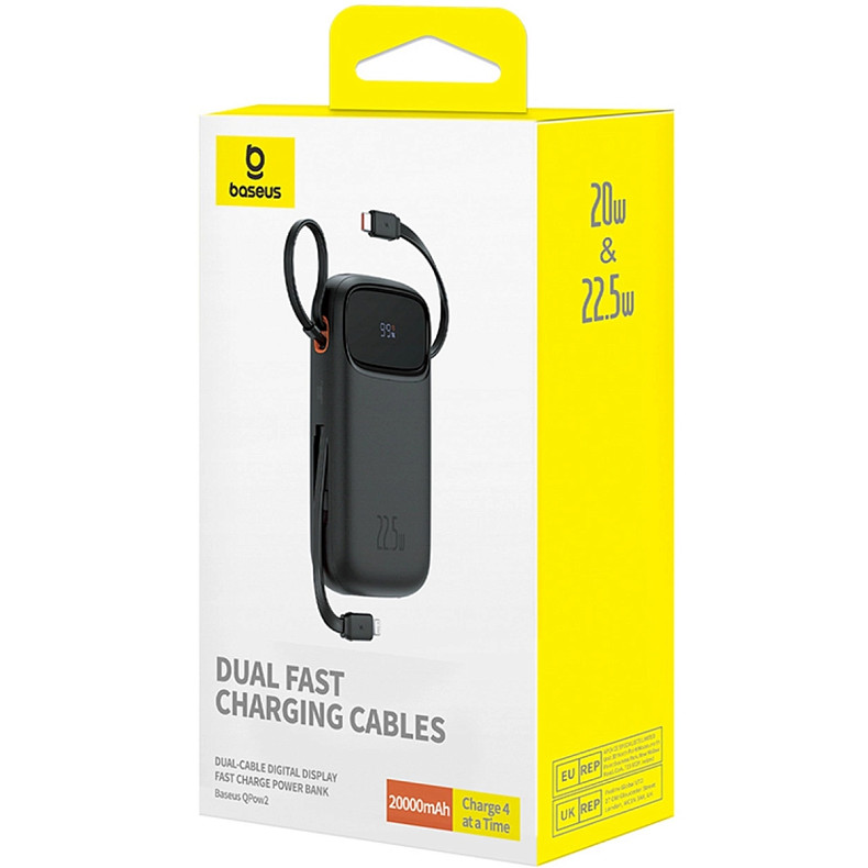 УМБ Baseus 20000mAh Qpow2 22.5W PD,QC3.0 USB-A, USB-C In/Out, with USB-C/Lightning cable,Black