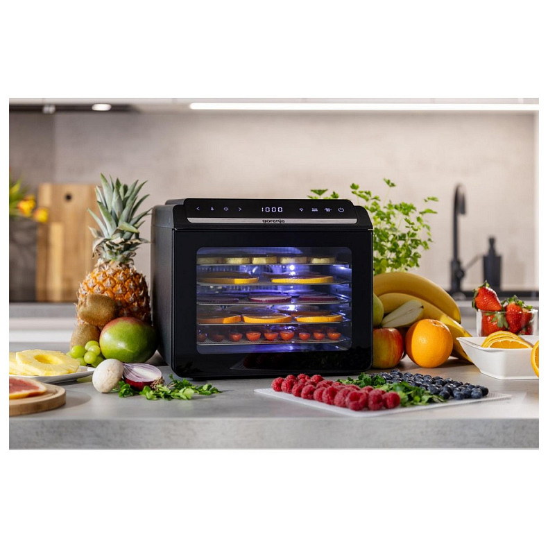 Сушарка для продуктів Gorenje 580Вт, піддонів - 6x1.5см, діаметр - 25см, макс - 75°С, дисплей, пласт