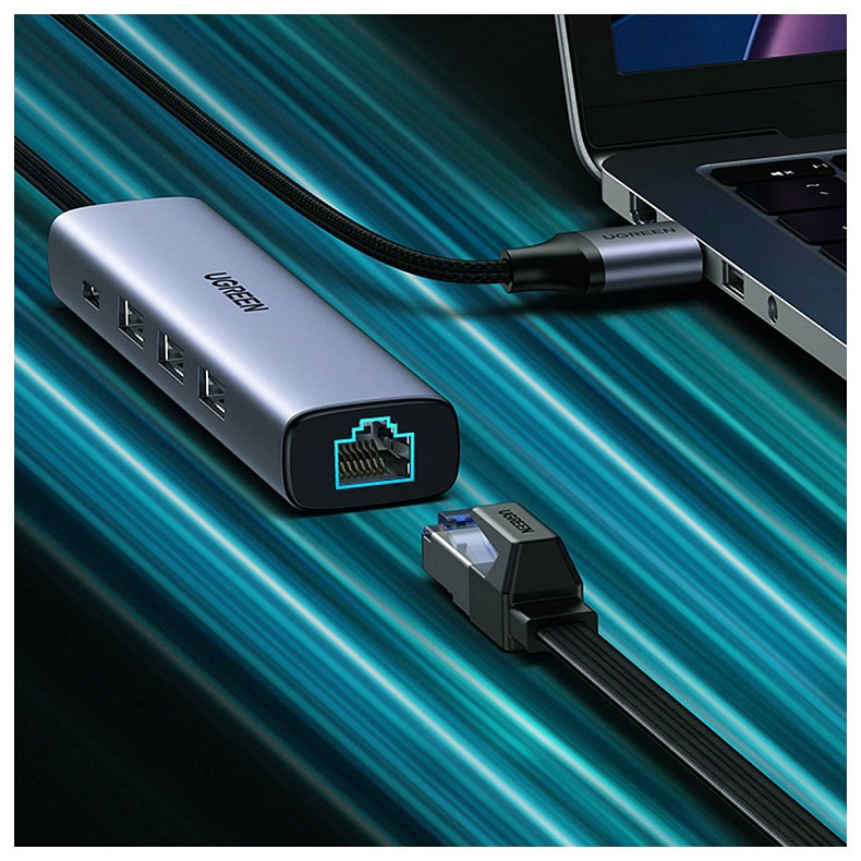 Хаб USB 3.0 Type-C -> 3xUSB 3.0 + RJ45 1000M CM475 Сірий UGREEN