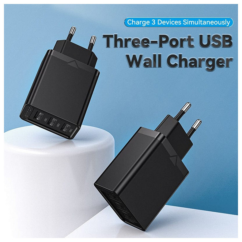 Зарядное устройство 3xUSB A 12W Black Vention