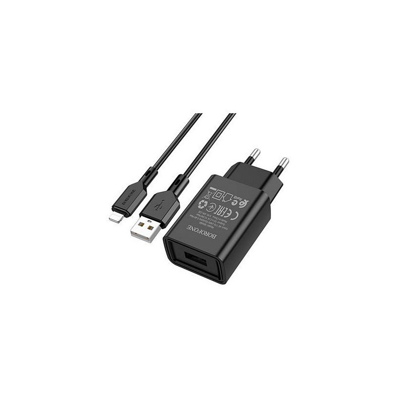 Зарядний пристрій Borofone BA68A (1USB, 2.1А) Black (BA68ALB) + кабель Lightning