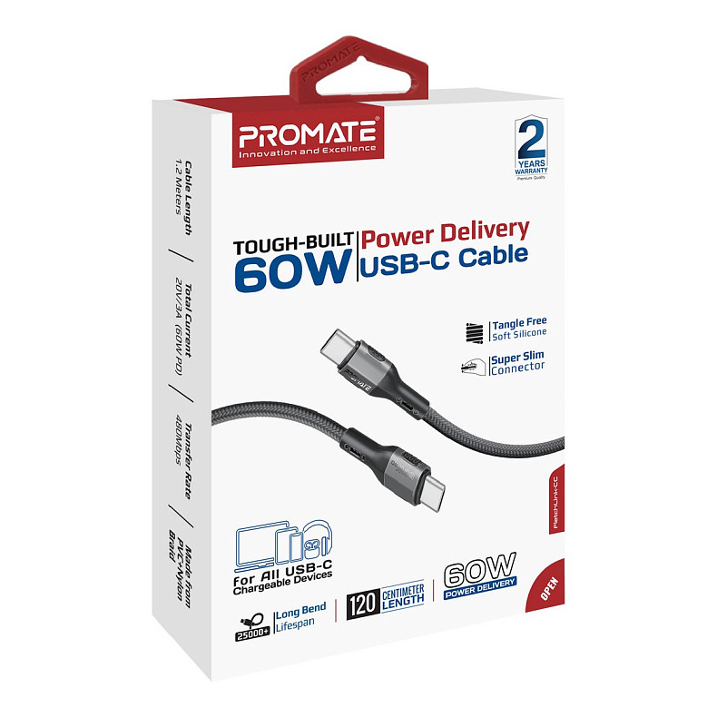 Кабель Promate USB Type-C - USB Type-C (M/M), 3A, 60W, 1.2 м, Black (fletchlink-cc.black)