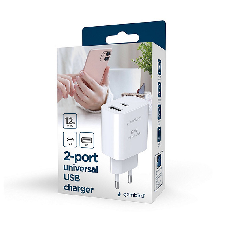 Сетевое зарядное устройство Gembird (1USBх2.4A + 1USB-Cх2.4A) Black (TA-UC-2AC12-01-BK)
